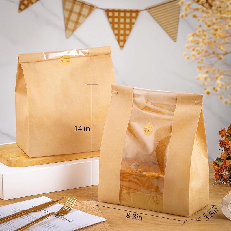 woric 120 Bread Bags for Homemade Bread, Sourdough Bread Bag with Window 14" X 8.3" X 3.5" Large Paper Bakery Bags with Tin Tie Tab Lock Stickers for Food Cookies Packaging Storage - Image 3